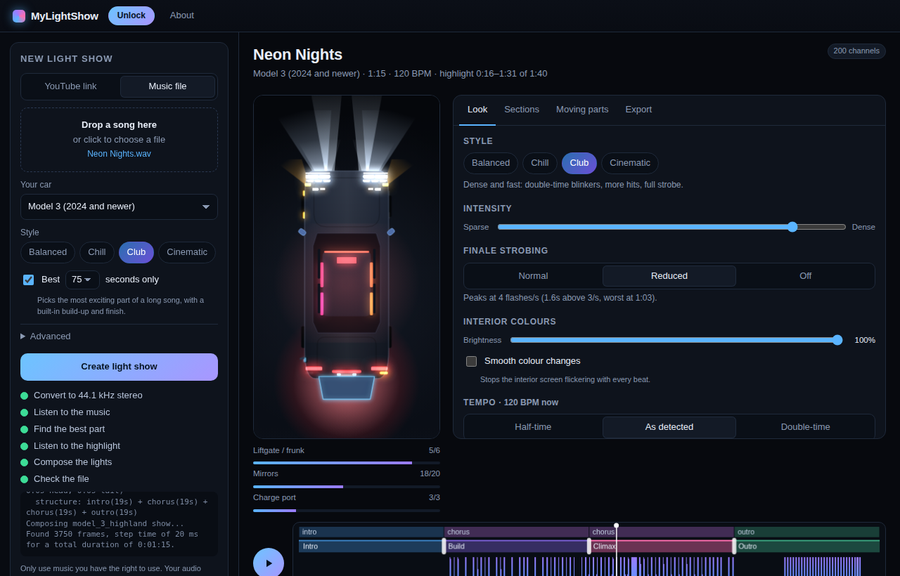 The MyLightShow app showing a car preview, style controls and a timeline